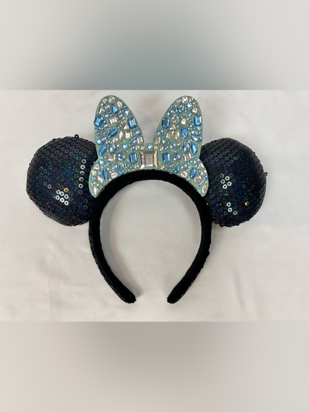 Disney Parks Disneyland Sequin Blue Silver Gems Minnie Mouse Ears FLAW As-Is